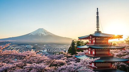 Cherry blossoms and mount fuji at dawn
