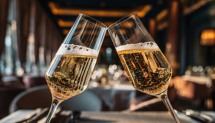 Two sparkling flutes clinking in an elegant restaurant setting, a festive toast