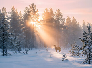 Naklejka premium Majestic Moose in Snowy Forest at Sunrise with Sunbeams