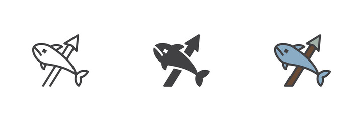 Fototapeta premium Fishing spear line, solid and colorful icon set pack