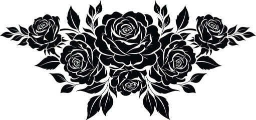 black roses and leaves on white background