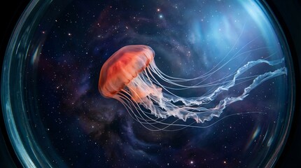 A translucent jellyfish floats inside a glass sphere against a starry night sky background