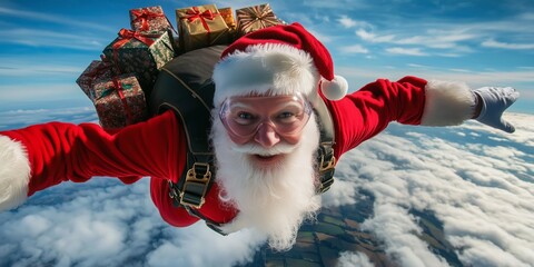 Santa Claus as a skydiver jumps to earth with a parachute and many gifts on his back
