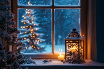View through a romantic decorated window with lantern and candlelight to a romantically lit Christmas tree in the snow