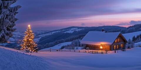 a christmas tree with candles stands in the snow next to a lonely romantically lit hut in mountains