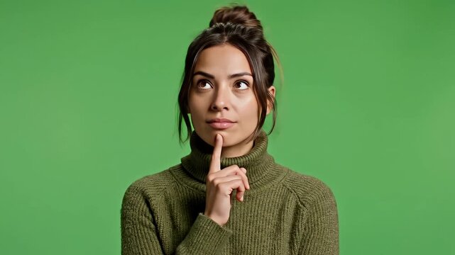 Thoughtful young woman in green sweater with puzzled expression
