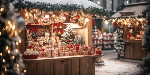 a romantically illuminated stall with arts and crafts at Christmas market in the evening in deep snow