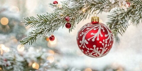 a beautifully decorated christmas bauble hanging on a fir branch over white background