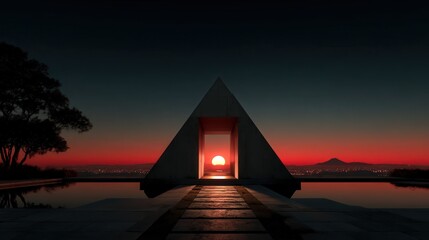 This stunning image showcases a triangular pyramid structure framed by the vibrant hues of the sunset, providing a perfect blend of nature and architecture in a harmonious setting.