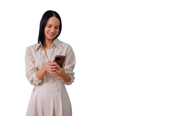 Woman holding and operating a mobile phone, engaging with content and connecting digitally on a transparent background