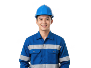 Smiling construction worker wearing blue uniform and hard hat