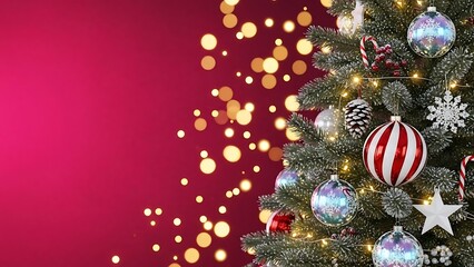 Festive Christmas tree decorations with gold ornaments and a red ball hang from a green pine fir branch to celebrate the winter holiday season on a merry December New Year