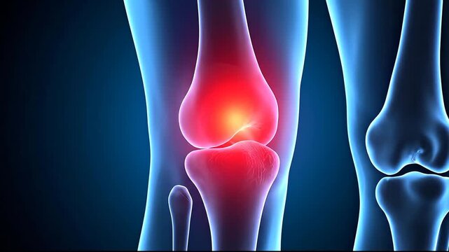 Medical illustration of inflamed painful knee joint showing internal anatomy and cartilage damage.