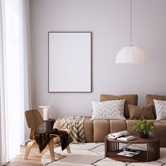 Modern Living Room Poster Frame Mockup with Natural Light and Minimalist Decoration. 3D render.