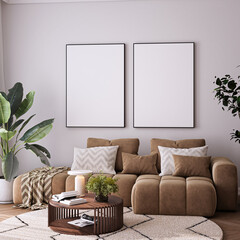 Modern Living Room Poster Frame Mockup with Natural Light and Minimalist Decoration. 3D render.