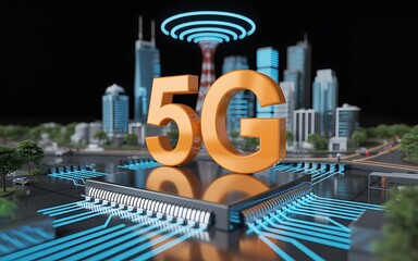 Future-Forward Urban Infrastructure High-Speed 5G Network Tower with Digital Data Flow Over Modern Smart City Skyline at Sunset