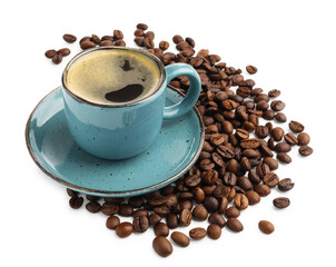 Aromatic coffee in cup and beans on white background