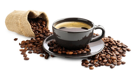Aromatic coffee in cup and beans on white background