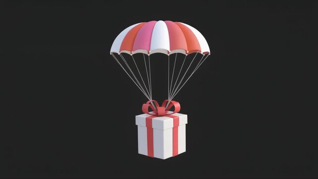 White gift box with red ribbon and stripes descending from a pink and red striped parachute on a black background