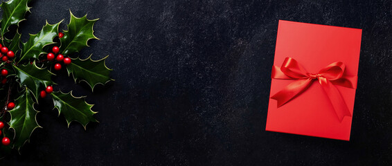 Christmas backdrop with red gift box. Happy New Year and winter holidays background.