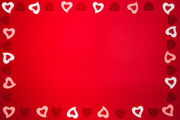 Red Heart On Red Paper Background For Happy San Valentine Day. Valentines Day festive frame