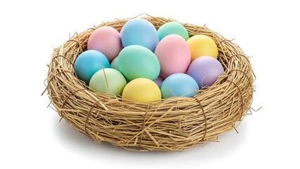 Fototapeta premium Colorful Easter eggs in a woven straw nest on a white background colorful eggs woven nest