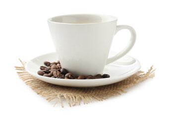 Cup of aromatic coffee and roasted beans isolated on white