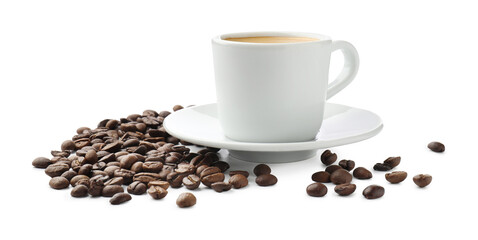 Cup of aromatic coffee and roasted beans isolated on white