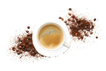 Aromatic ground coffee, beans and cup of hot drink on white background, flat lay