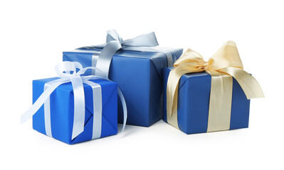 Beautiful gift boxes with bows isolated on white. Christmas present