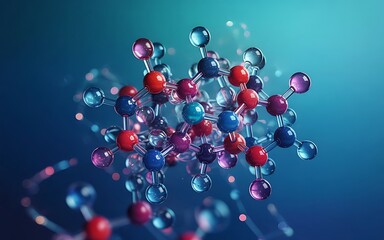 Abstract Molecular Structure with Vibrant Blue and Red Spheres Representing Chemical Bonds or Biotechnology