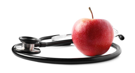 Ripe apple and stethoscope isolated on white