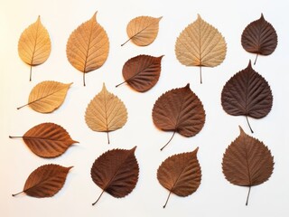 Fototapeta premium Collection of dry brown leaves on white background for nature and seasonal designs
