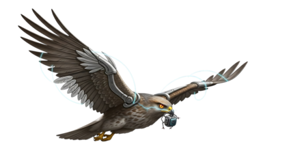 Cybernetic Hawk, with Mechanical Wings and Gas Mask, cutout, PNG isolated on transparent background