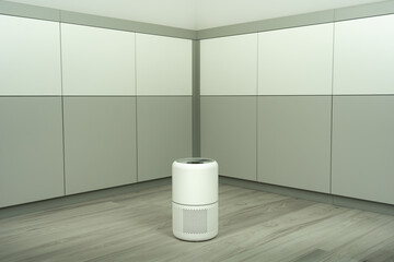 modern white cylindrical hepa air purifier with digital touch control panel and led display on light wood floor in a minimalist office for healthy indoor air quality