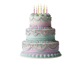 Multitiered birthday cake with pastel pink and blue frosting