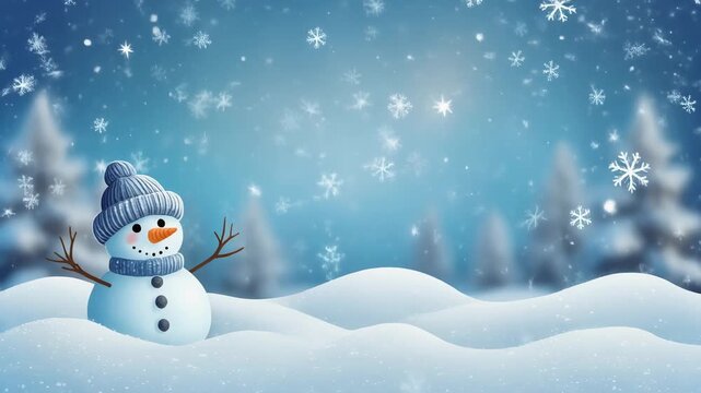 Adorable Snowman Wearing Knitted Hat and Scarf in Snowy Winter Landscape with Falling Snowflakes Animated Background