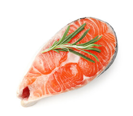 Piece of salmon fillet with rosemary isolated on white, top view