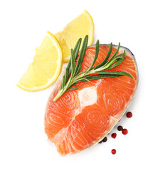 Piece of salmon fillet with spices and lemon isolated on white, top view