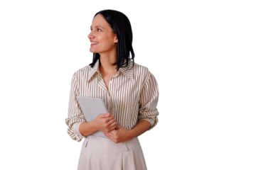 Woman holding tablet, smiling and looking away, showcasing professionalism, confidence, and digital technology on transparent background