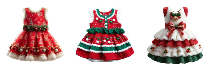 Collection of christmas decorated baby dress isolated on a transparent background