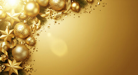 Christmas frame made with golden branches and gold decorations on bright background. Happy New Year and winter holidays background.