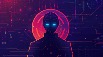 Futuristic android or robot portrait with glowing blue eyes and neon circle