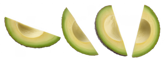 Four Slices of Green Avocado fruit healthy isolated on a transparent background
