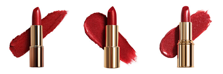 Collection of Luxurious open red shimmering lipstick isolated on a transparent background