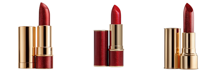 Collection of Luxurious open red shimmering lipstick isolated on a transparent background