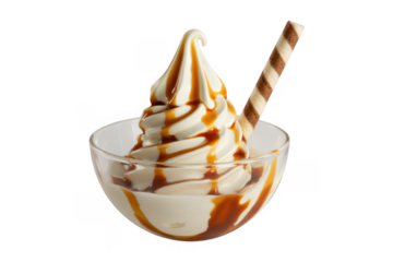 Glass bowl of white ice cream with caramel sauce and wafer stick isolated on a transparent background