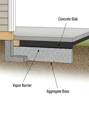 Cross-section illustration of a concrete slab foundation with aggregate base and vapor barrier.