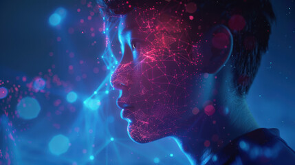 Profile of young mans head covered in digital data particles in blue and pink light