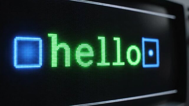Hello message typing on retro LED screen with blue brackets, green text, ending in glitch effect. Digital communication, tech, vintage computer aesthetic.